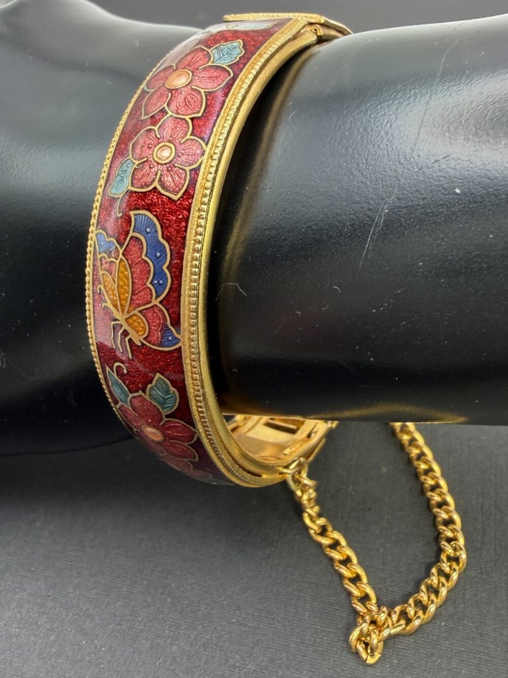 Vintage Cloisonne Enamel Hinged Bracelet Red Butterfly Floral Safety Chain 7”